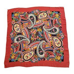 Unbranded Silk Scarf Red, Black, Blue & Gold Paisley & Floral Print 30”X30” VTG